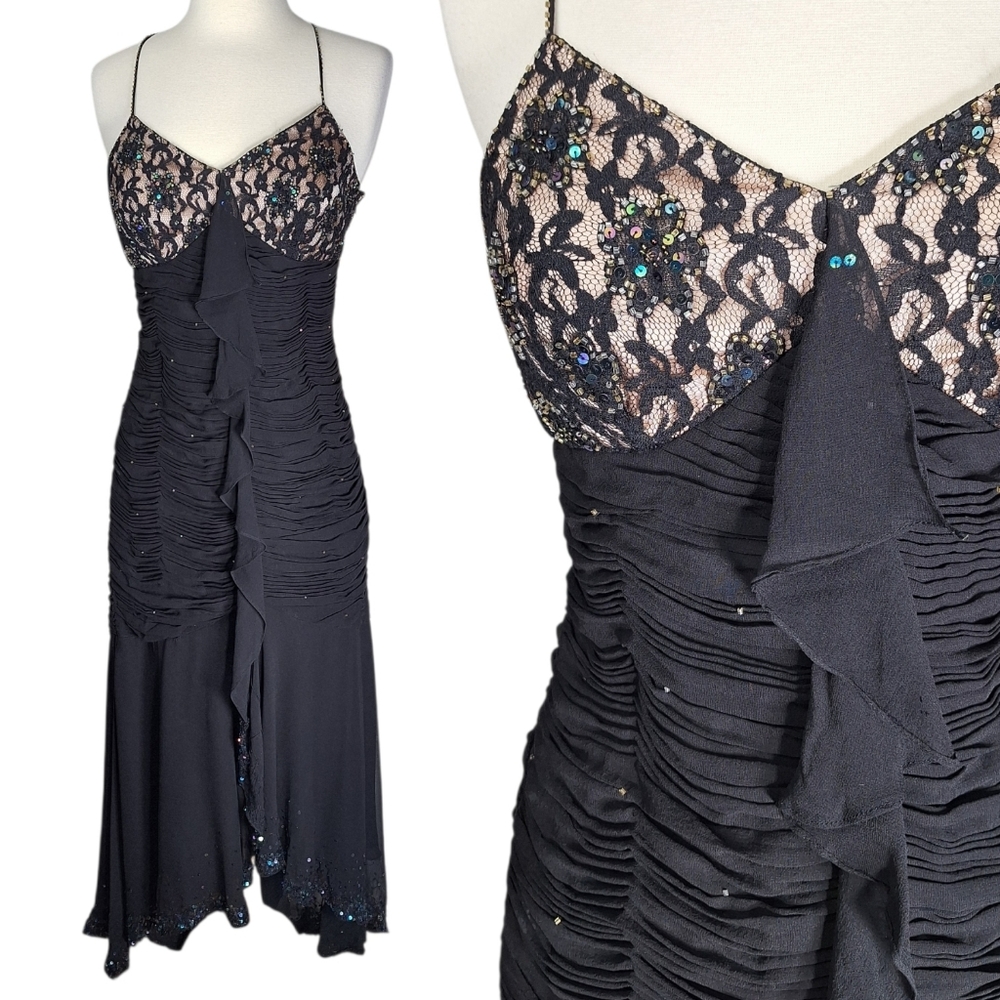 Vintage Y2K Cache Silk Beaded Dress Womens Small Asymmetrical Ruched Floral Lace